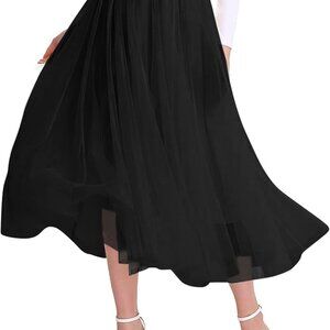 Womens Tulle Midi Skirt Elastic High Waisted A-Line Layered Flowy Long Tutu Skir